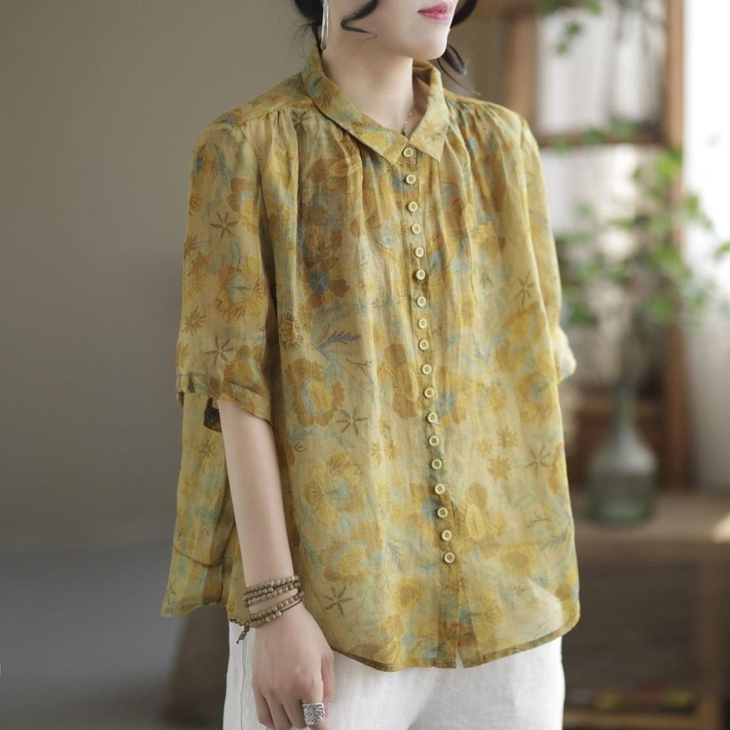 Summer Ladies Blouses Cotton Linen Floral Short Sleeved Shirt Loose Shirt Lapel Polo Button Pockets Printing Elegant Female Clothing