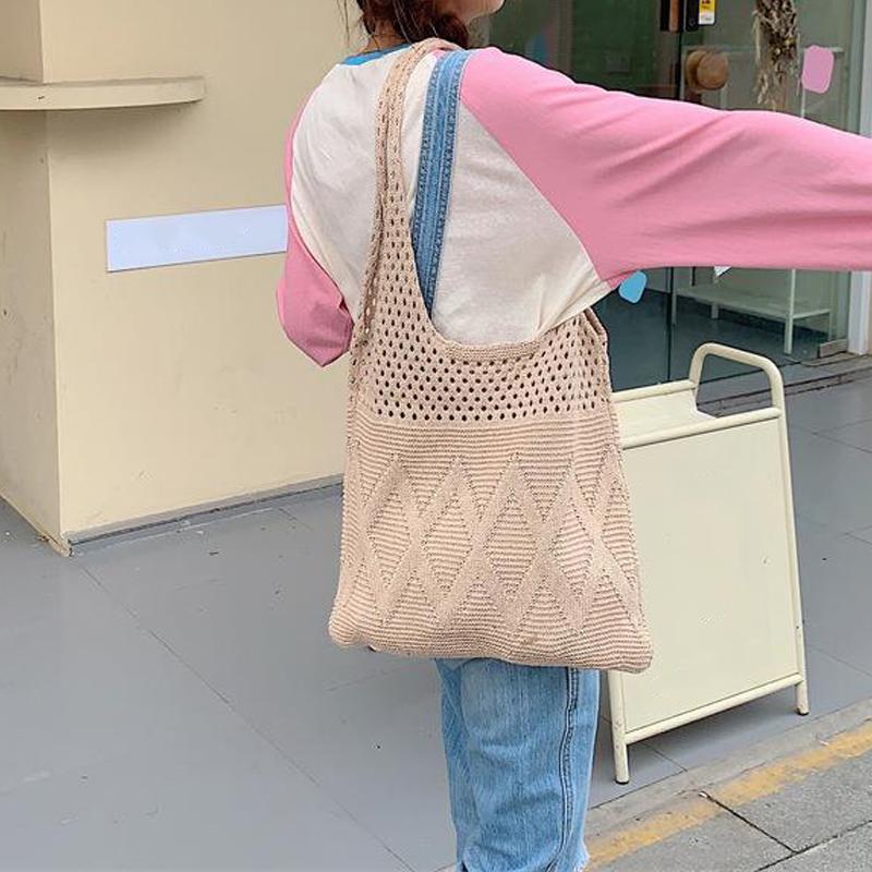 Yogodlns Wool Knitted Shopping Tote Bag for Women Vintage Cotton Girls Shoulder Bag Large Capacity Female Handbag Crochet Bag