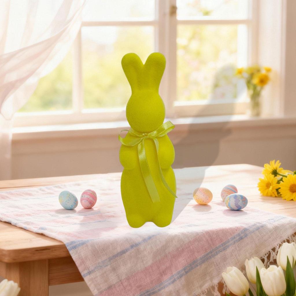 Flocked Easter Bunny Figurine Statue Sculpture with Bowknot for Indoor Desktop