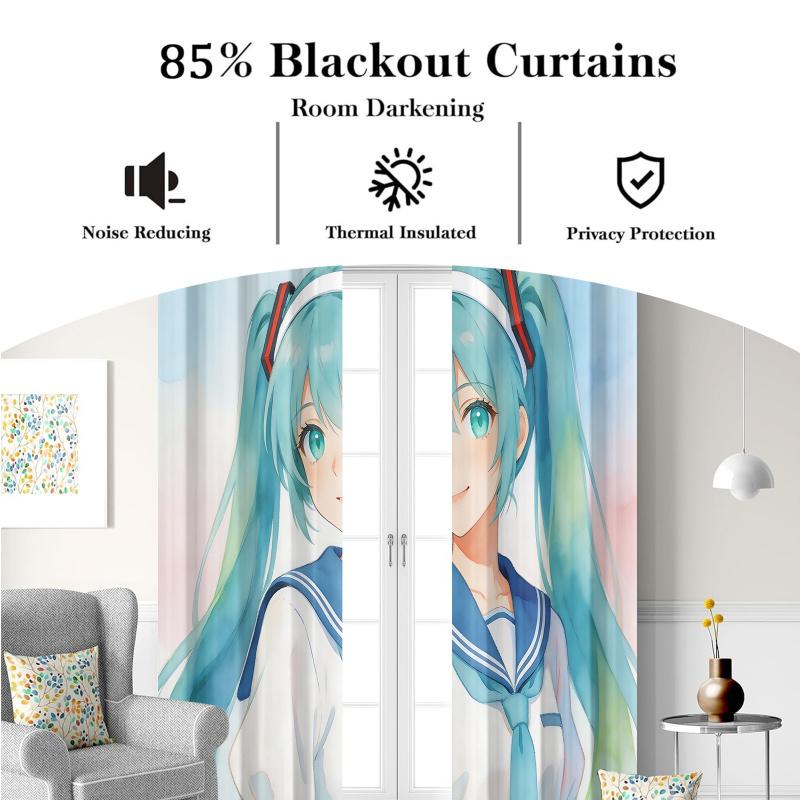 2Pcs Hatsune Miku Watercolor Sailor Uniform Blackout Curtains Soft Pastel Anime Window Drape Fans Room Kids Room Decor Best Gift
