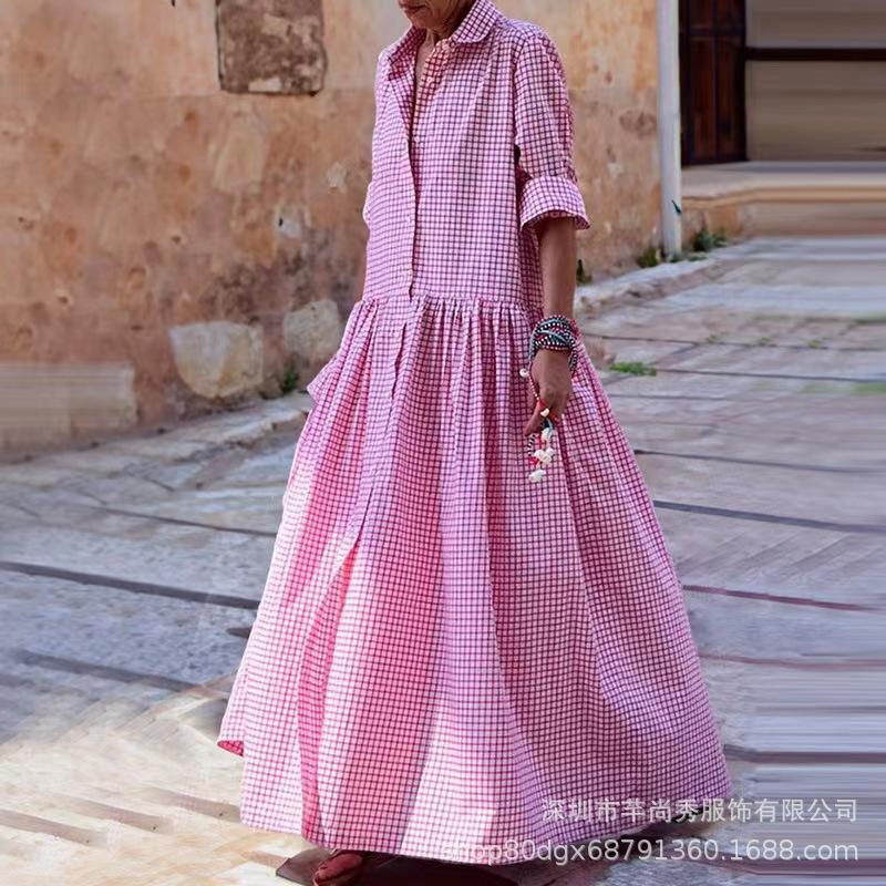 Women's Plaid Midi Dress with Ruffled Waist, Notched Collar and 3/4 Sleeves in Pink, Blue, Gray