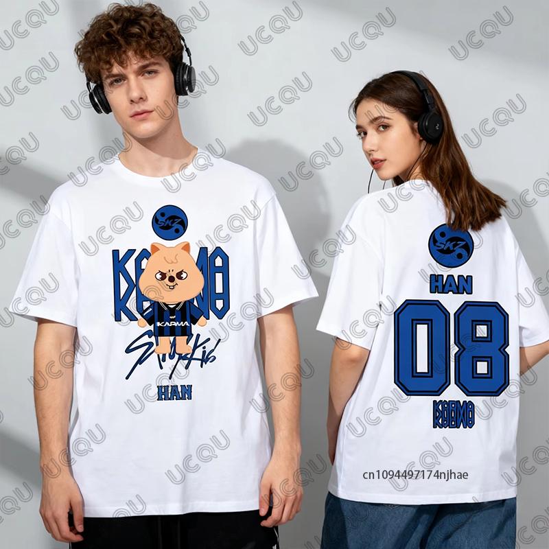 2026 Hot Sale Summer Kpop KARMA HYUNJIN Cartoon Print Cotton Couple Tshirt For Women Men Short Sleeve Tees Casual Kids/Adult Top