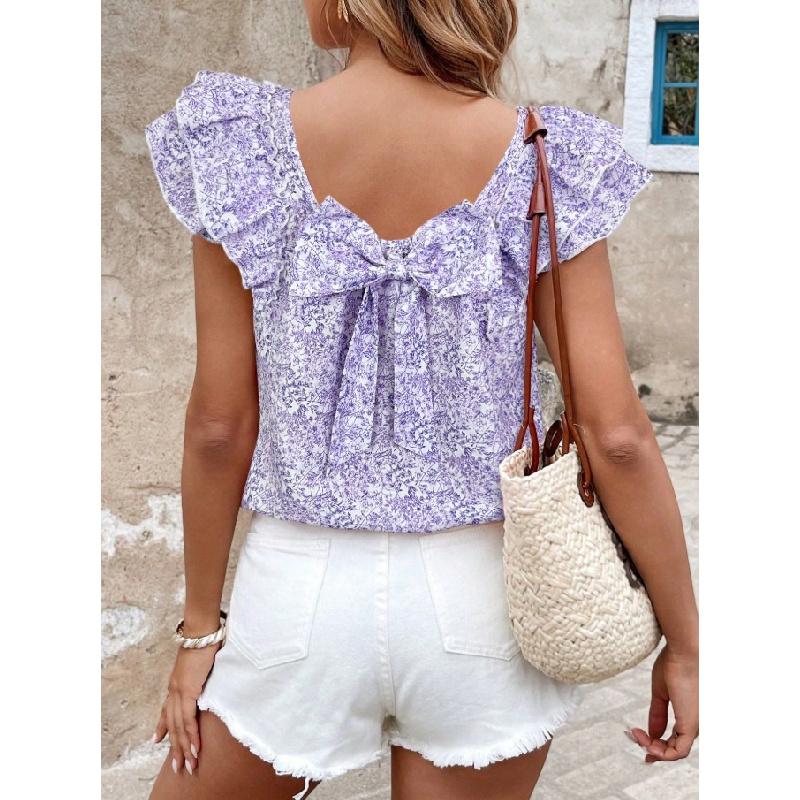 2026 Women's Printed Summer Fashion Casual Top with Back Bow and Double-Layer Pleats Short Sleeves