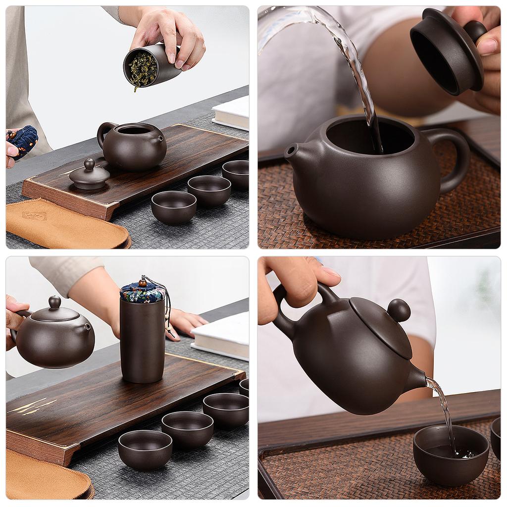 Ceramic Purple Sand Tea Set Portable Outdoor Travel Tea Pot and Cups Set with Towel Tea Canister and Carry Bag