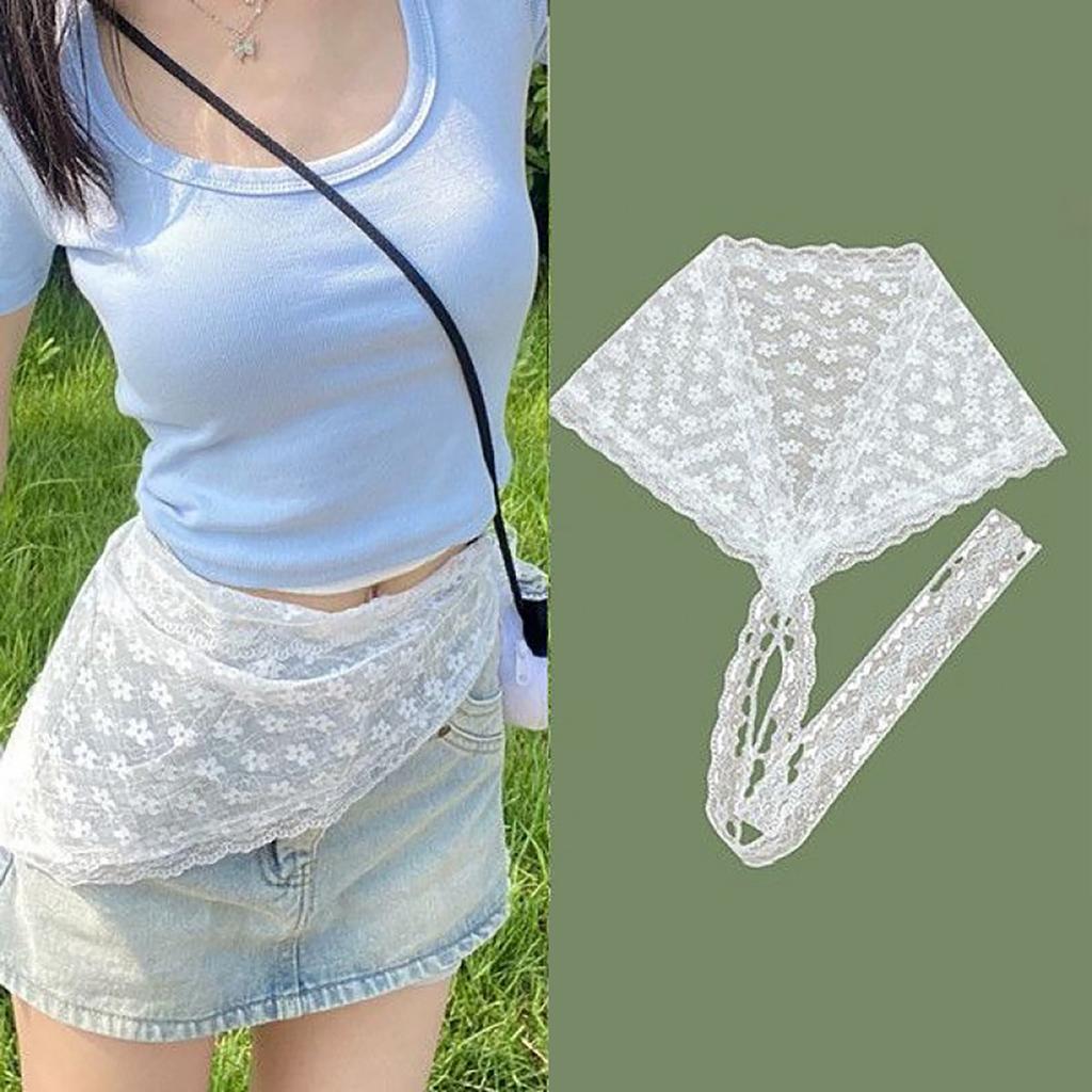 Sweet Triangle One-Piece Belted Overlap Lace Skirt Apron  Lace Trim Half Skirt Butt Curtain Spring Headscarf Accessories