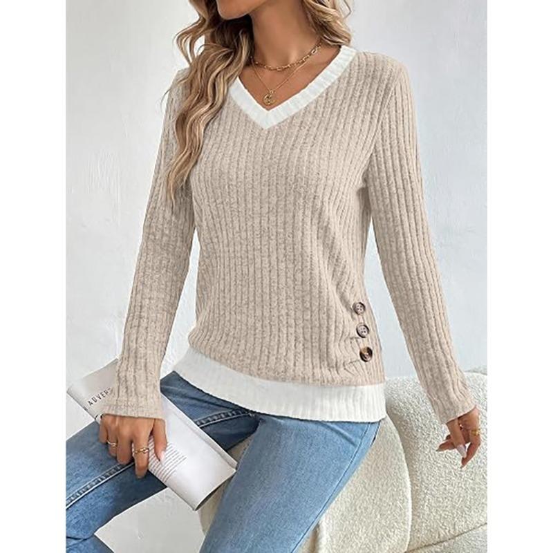 TIFICY Women's Fashion Casual Spring Autumn Solid Color Print Long Sleeve V-Neck Blouses & Shirts