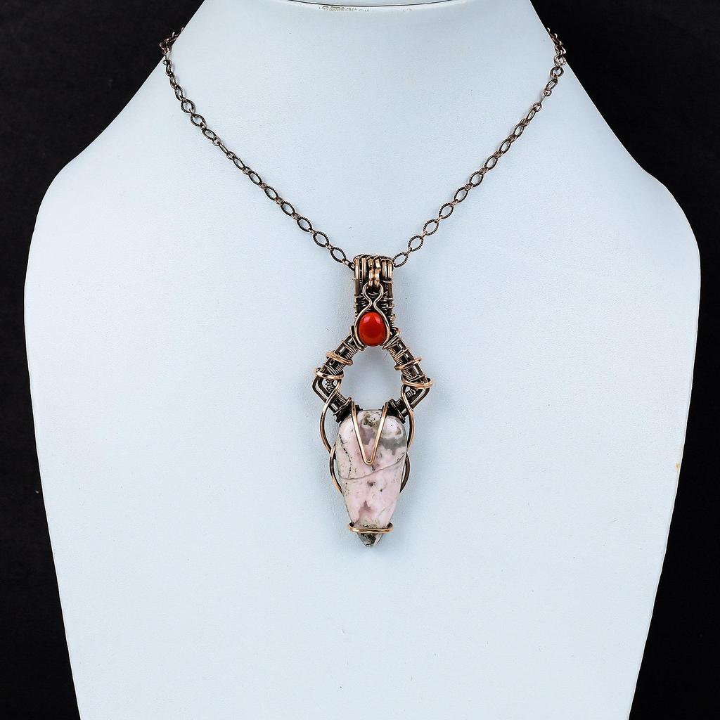 Rhodochrosite, Coral Gemstone Pure Copper Wire Wrapped Handmade Pendant Jewelry