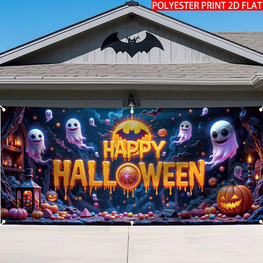 1pc 2D flat Halloween decoration banner background cloth - glowing theme background with ghost no power required——sym