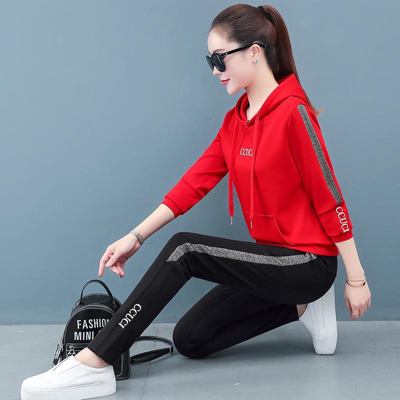 Traje deportivo para mujer, moda de primavera, talla grande, letras holgadas, con capucha, conjunto informal para correr, conjunto de dos piezas