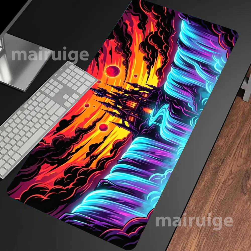 Neon Dark Castle Waterfall Mouse Pad Large Computer Office Game Table Mat Rubber Anti-slip Stitched Keyboard Mat 90x40 Desk Pads