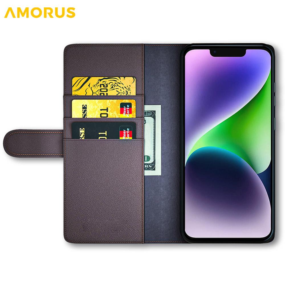 For iPhone 15 Stand Cases Calf Texture Genuine Split Leather Wallet Phone Cover