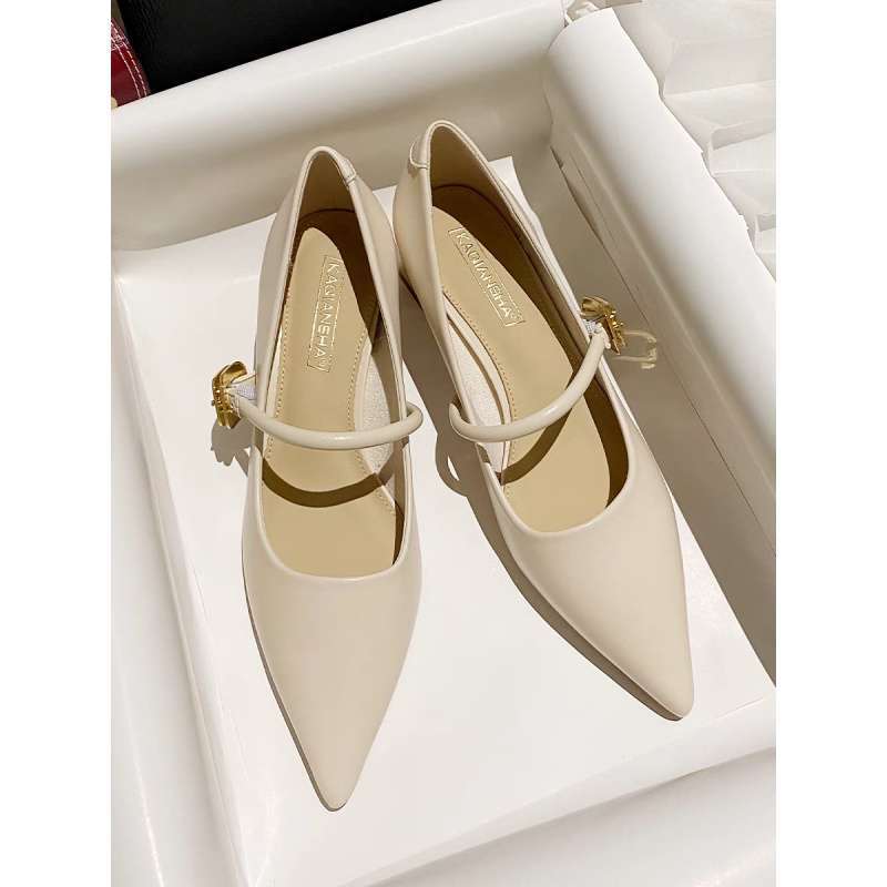 Xiaoxiangfeng Mary Jane thick-heeled single shoes women's 2025 new pointed French retro soft leather one-word with high heels