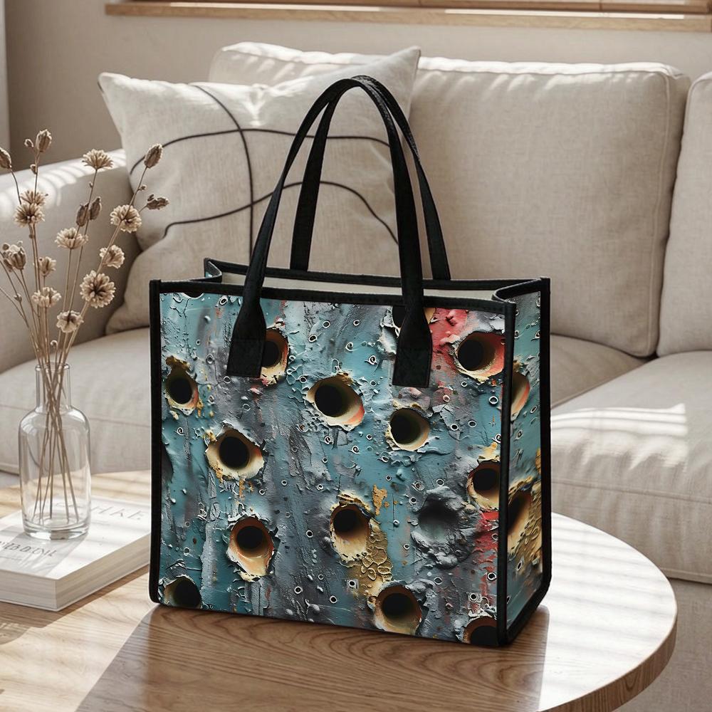 Vintage Metal Hole Print Tote Bag Large Capacity Casual Daily Handbag for Outdoor Commute