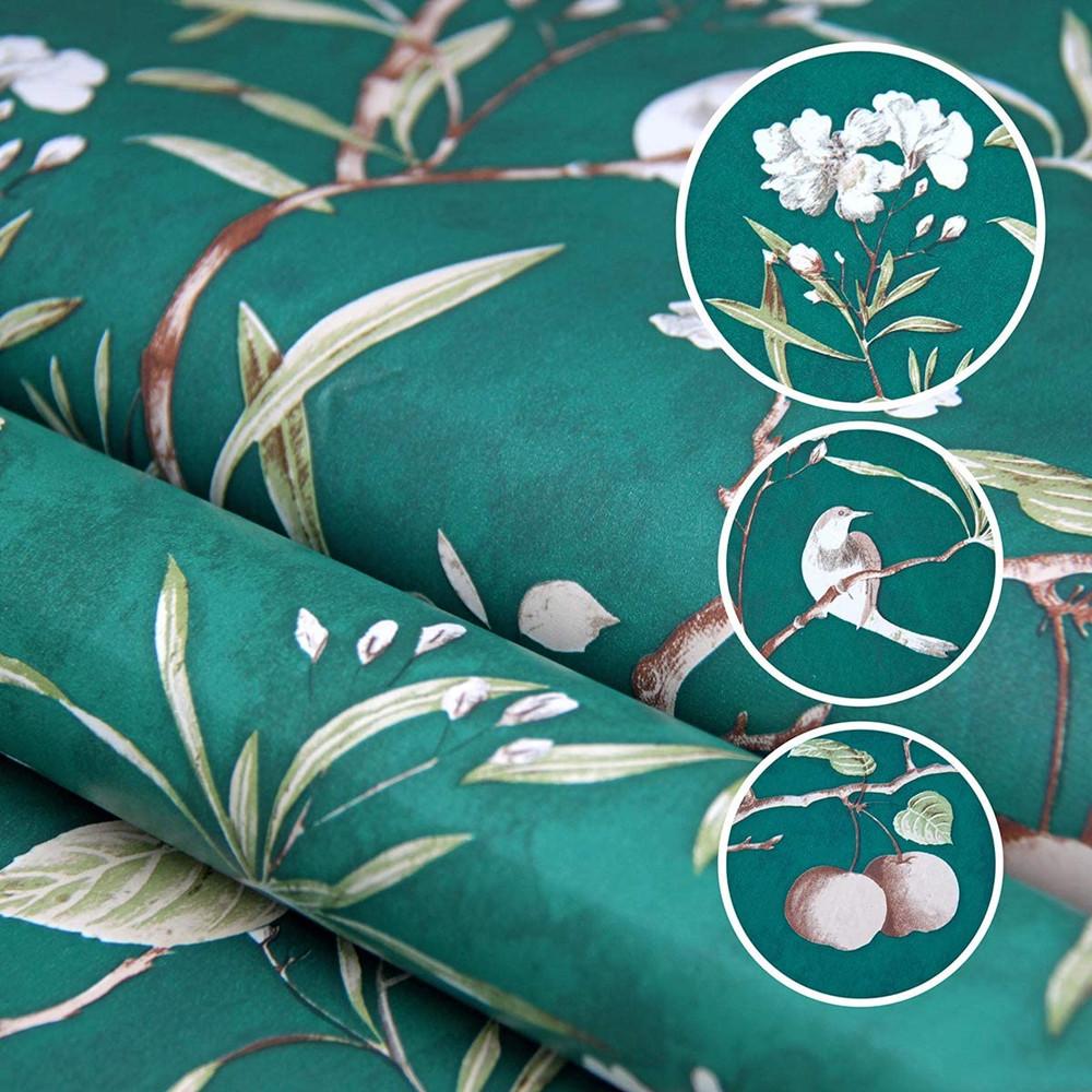 Vinyl Peach Tree Peel And Stick Green Wallpaper with Flower & Bird Motifs Waterproof Removable Self-Adhesive Wall Decor for Home