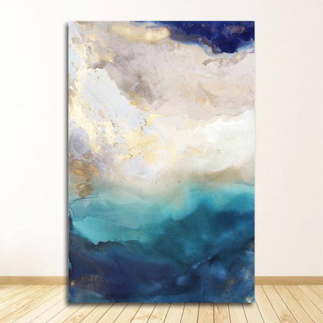 Poster und Drucke Wand Poster Home Decor Abstrakte Goldfolie Fluss Blau Leinwand Kunst Gemälde für Wohnzimmer Schlafzimmer