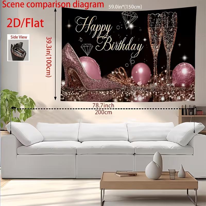 

2D Rose Gold Heels Champagne Birthday Tapestry Backdrop Banner Glam Women s Party Decor Background 47.2x31.5inch/120*80cm