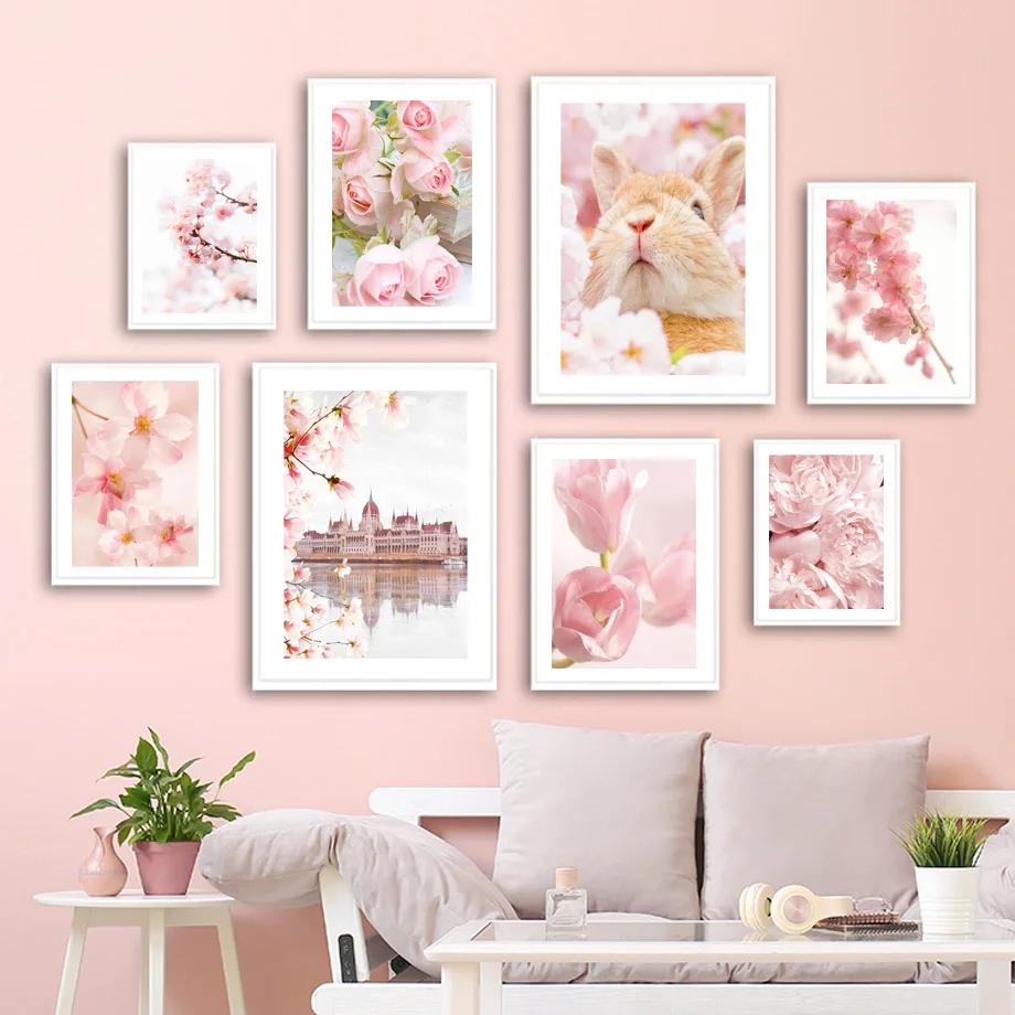 Rosa Kirschblüte Pfingstrose Orchidee Blume Nordic Poster Wand Kunst Leinwand Malerei Und Drucke Wand Bilder Für Schlafzimmer Wohnkultur