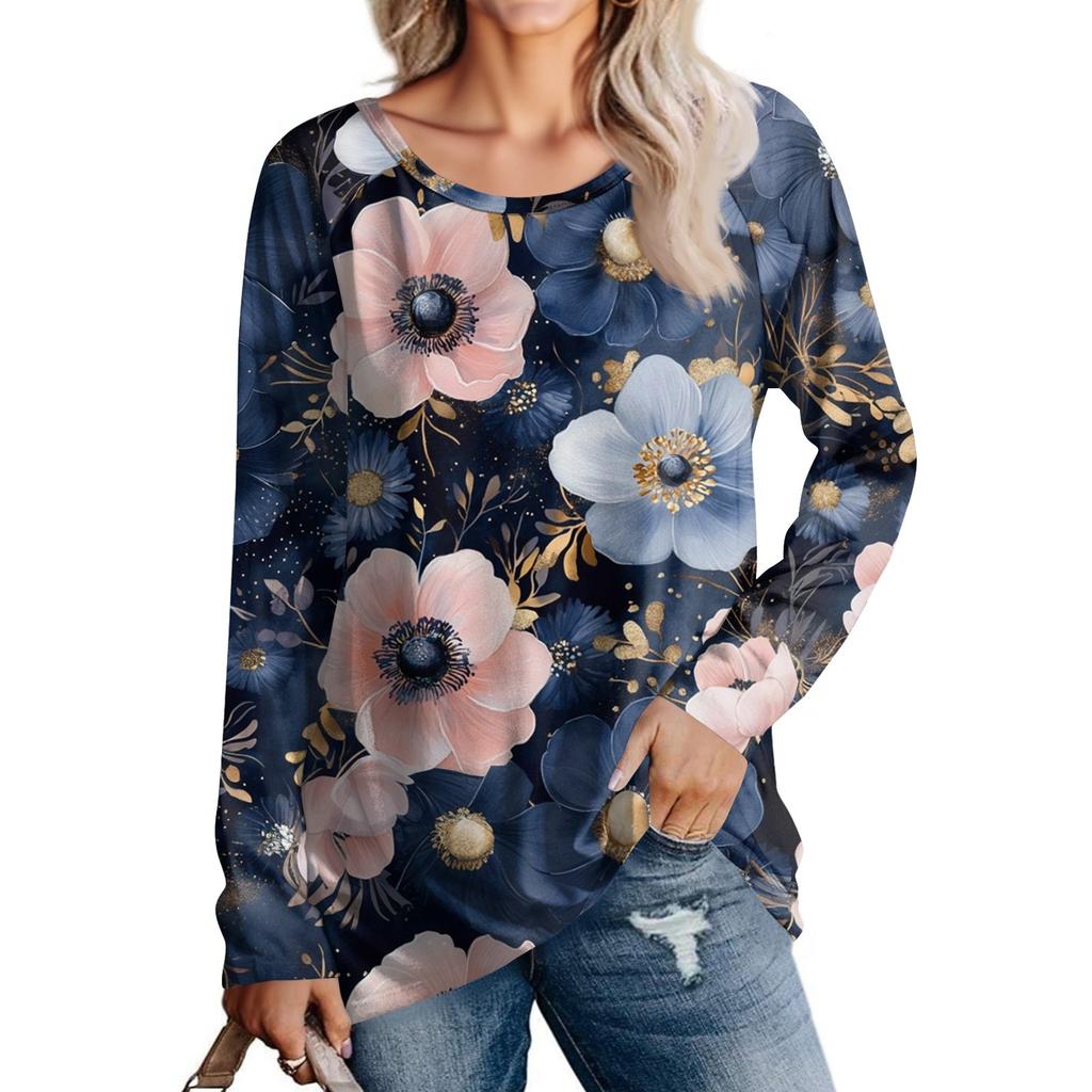 Damenmode Lässig Langarm Print Rundhals Pullover Top Bluse