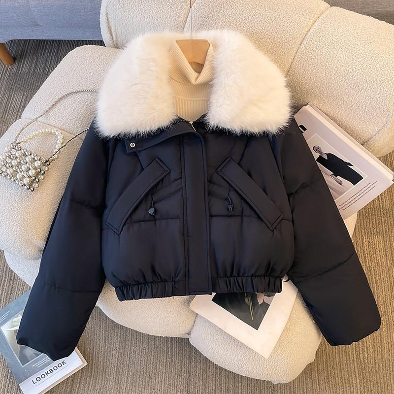 Womens Short Puffer Jacket With Detachable Faux Fur Collar Winter Warm Cotton-Padded Coat Loose Fit Small Stature