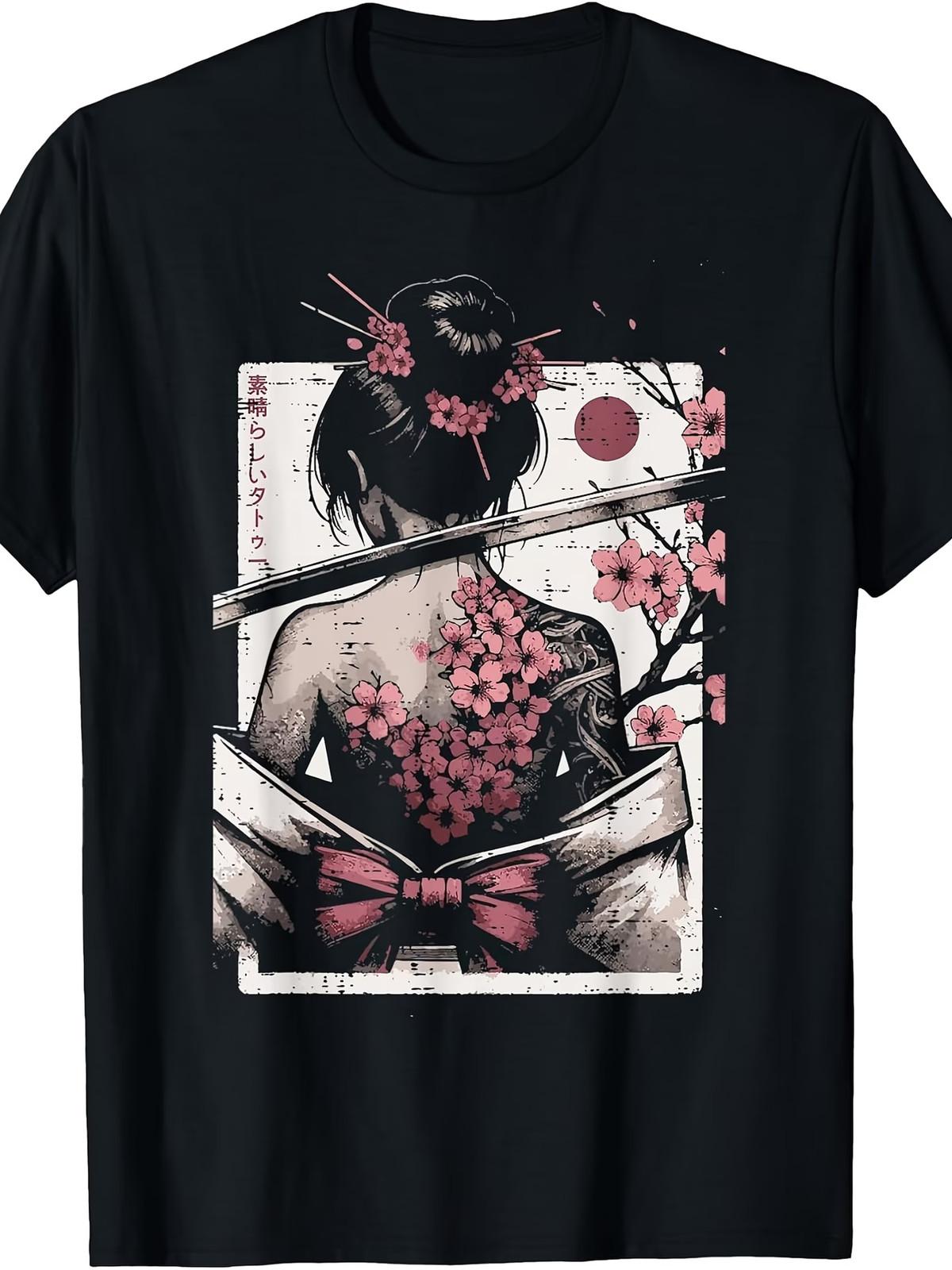 Japanese Woman Cherry Blossom Tattoo Art Geisha Women Men T-Shirt Same Style for S