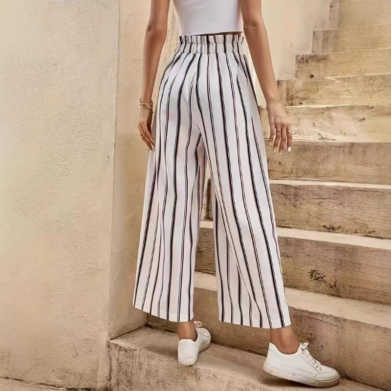 Women's Stripe High Waist Pants Wide Leg Belted Pockets Pants Long Trousers