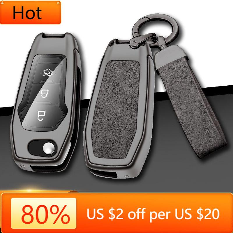 Interior Mouldings Leather Car Metal Key Case Cover For Ford Focus Fusion Mk2 Mk7 Explorer Ranger Uncut Blank HU101 Blade Key Ch
