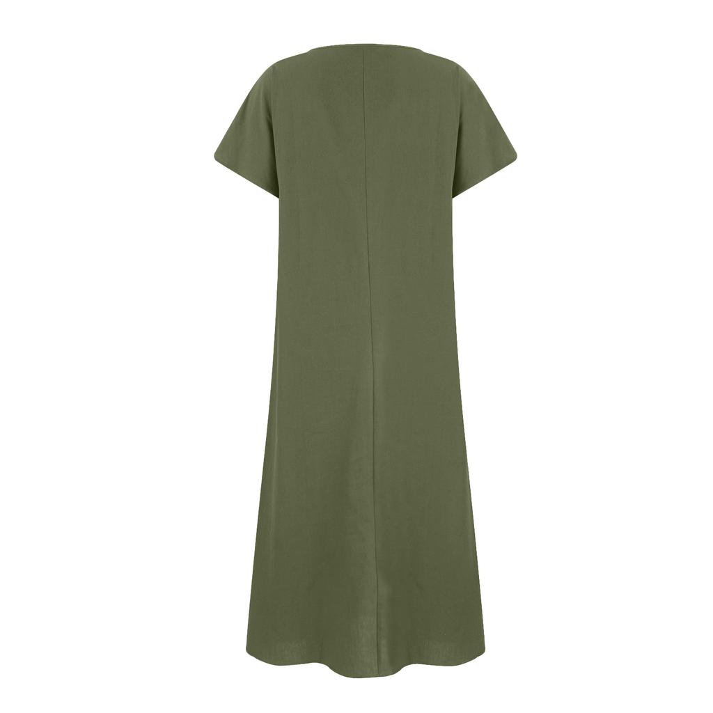 Women's Fashion Color Round Neck Pocket Pleated Short Sleeve Cotton And Linen Dress