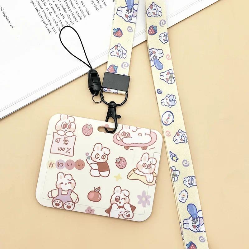 Horizontal Cute Cartoon Push Pull Card Covers Bus Card Sleeve Game Cards Case Credit Card Holder Lanyard Work Permit Holder