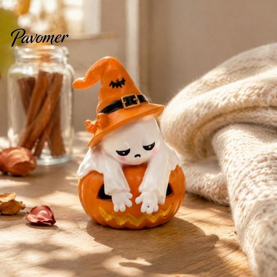 Holiday Party Prank Trinket Ghost Pumpkin Figurine, Cute Sad Leaning on Desk Decorative Resin Craft Decor, Spooky Halloween Decoration for Home Table