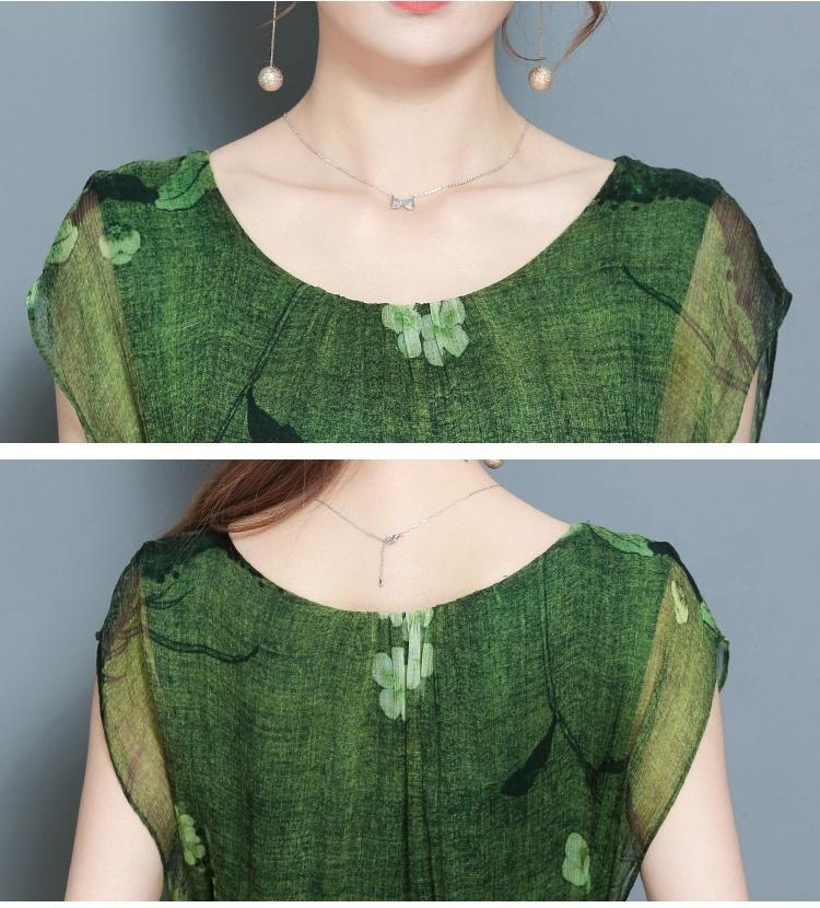 Summer Green Vintage Floral Print Dresses Women O-Neck Short Sleeve Silk Dress Size Plus S-5XL