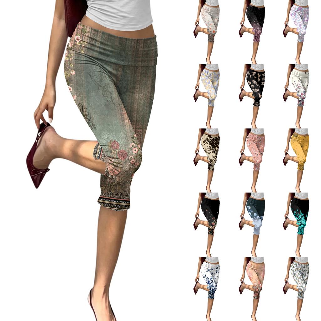 Women's Slim Fit Printed Ruched Capri Pants Elastic Waistband Stretchy Fabric Comfortable Fit Casual Bottoms for Daily Wear
