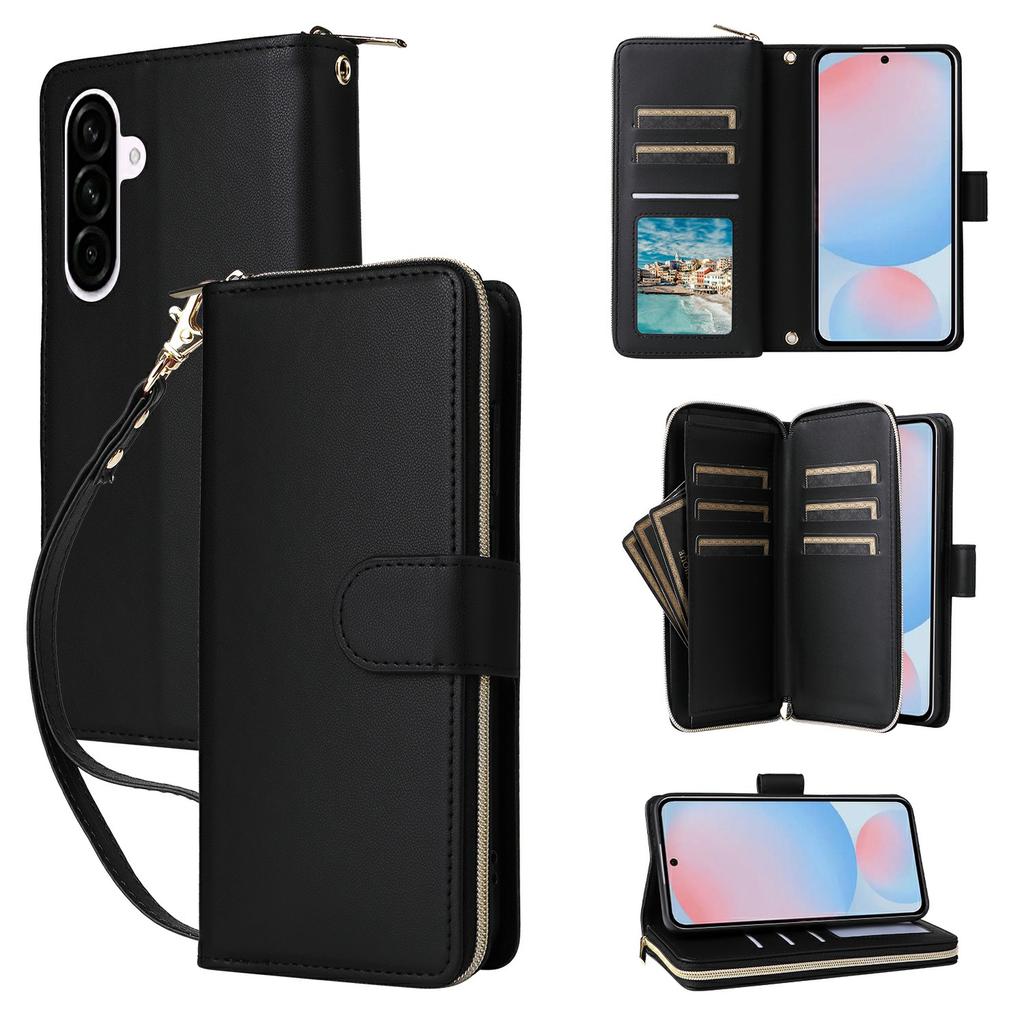 For Samsung Galaxy A57 5G Case 9 Card Slots Zipper Pocket PU Leather Phone Cover with Wrist Strap