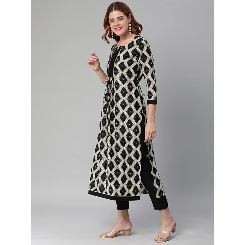 GoSriKi Women s Cotton Blend Chex Printed Straight Kurta with Pant (Chix Black-GS_M_Black_Medium) M чёрный