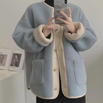 Winter Retro Contrast Color Imitation Lambskin Coat - Women's Loose Fit, Small Fragrance Style, Thickened Cardigan