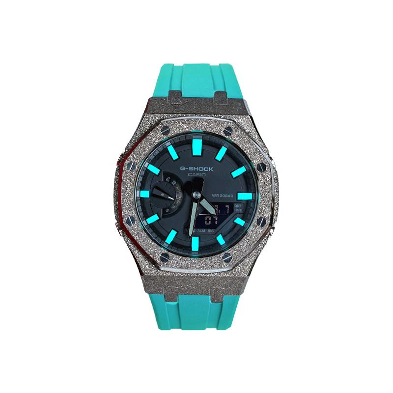 

CASIO Unisex Liquid Crystal/Analog Dual Display Series 48.5mm Black Watch GA-2100-1A1- Ice Blue Elegance