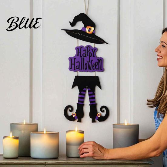 Halloween Door Sign Happy Welcome Witch Legs Hat Hanging Wooden Wall Decor Easy Hang Rustic Front Hanger for Porch Indoor Outdoor