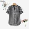 ZANZEA Women Casual V-Neck Short Sleeve Loose Stripe Blouse