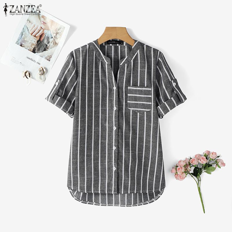 ZANZEA Women Casual V-Neck Short Sleeve Loose Stripe Blouse