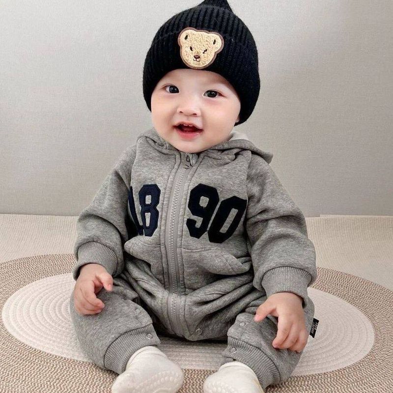 

2025 Spring Korean Style Baby Boy Super Cute and Stylish One-Piece Romper Zipper Jacket Baby Clothes Gray One-Piece Romper 73