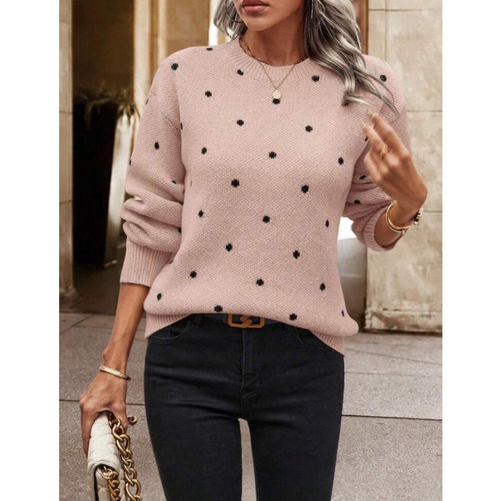 Women's Crew Neck Long Sleeve Polka Dot Jacquard Knit Pullover Sweater Casual Autumn Top