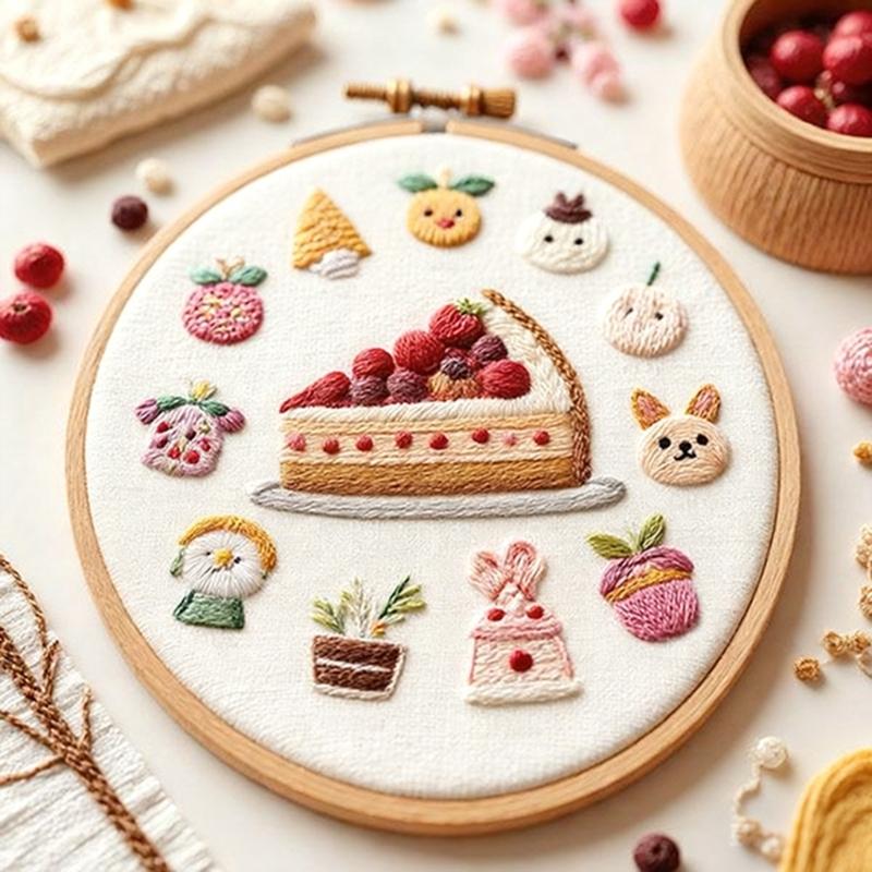 Cake Dessert Theme Embroidery Set with Embroidery Hoop and Instructions Beginner Embroidery Craft Set for Art Craft