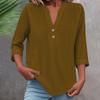 3/4 Sleeve Linen Tops For Women Loose Fit V Neck Button Down Shirts Cute Solid Summer Beach Tee Shirts