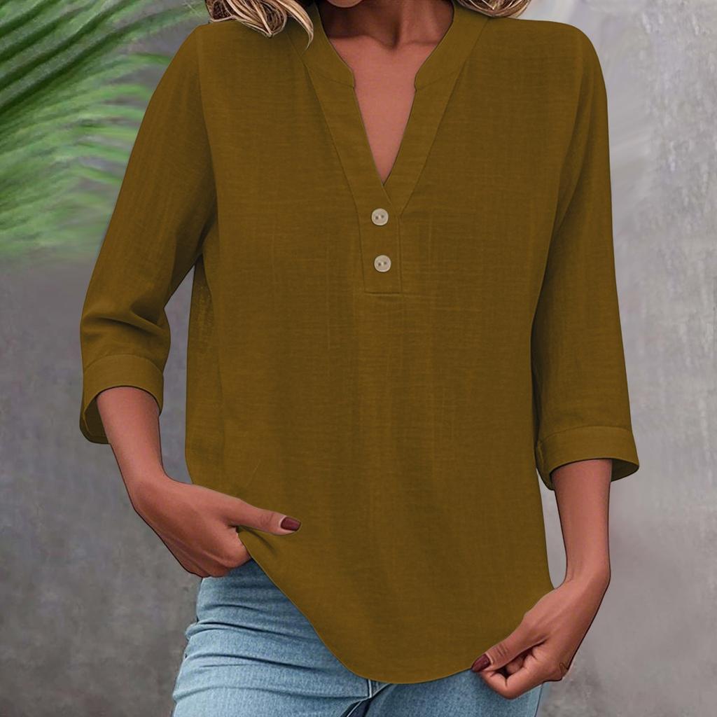 3/4 Sleeve Linen Tops For Women Loose Fit V Neck Button Down Shirts Cute Solid Summer Beach Tee Shirts
