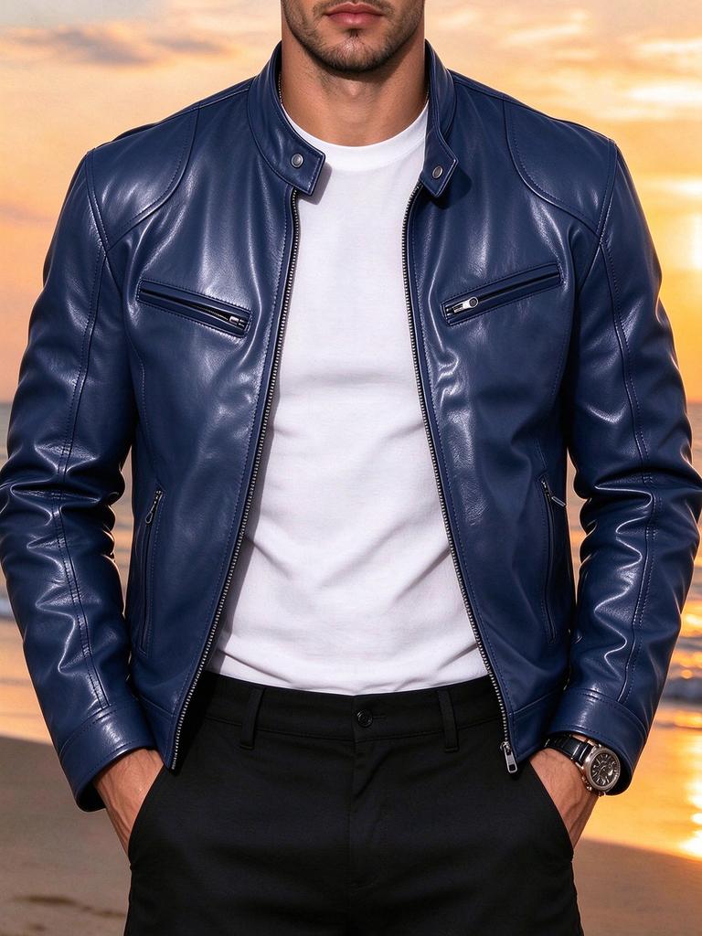 Men's slim stand-up collar PU leather jacket spring and autumn new motorcycle jacket multi-color fashion casual jacket leather jacket
