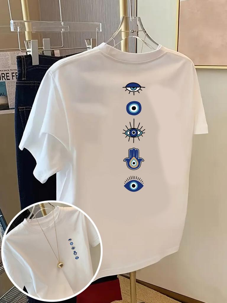Böser Blick Hamsa Hand Nazar Amulett Beidseitiger Druck T-Shirt Spirituell Boho Unisex Lässiges Kurzarm Grafik-T-Shirt