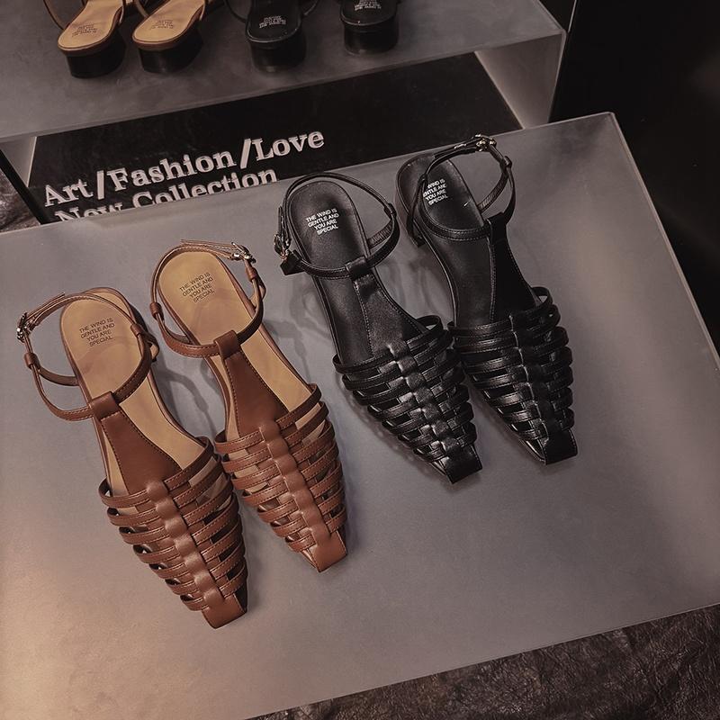 Fashion Women's new summer leather cowhide hollow breathable retro pointed elastic belt buckle low heel toe Roman sandals
