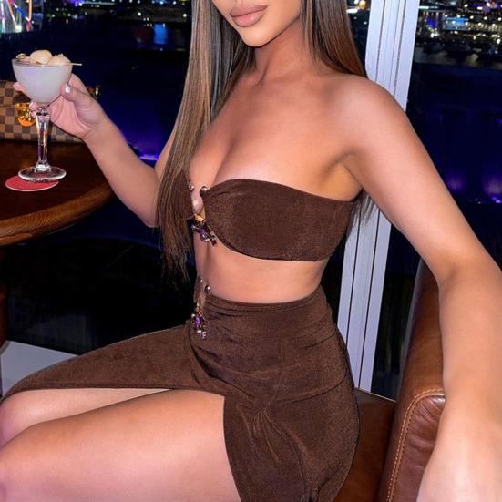 1 Set Skirt Suit Backless High Slit Solid Pleated Asymmetrical Split Thigh Maxi Dress for Daily Life