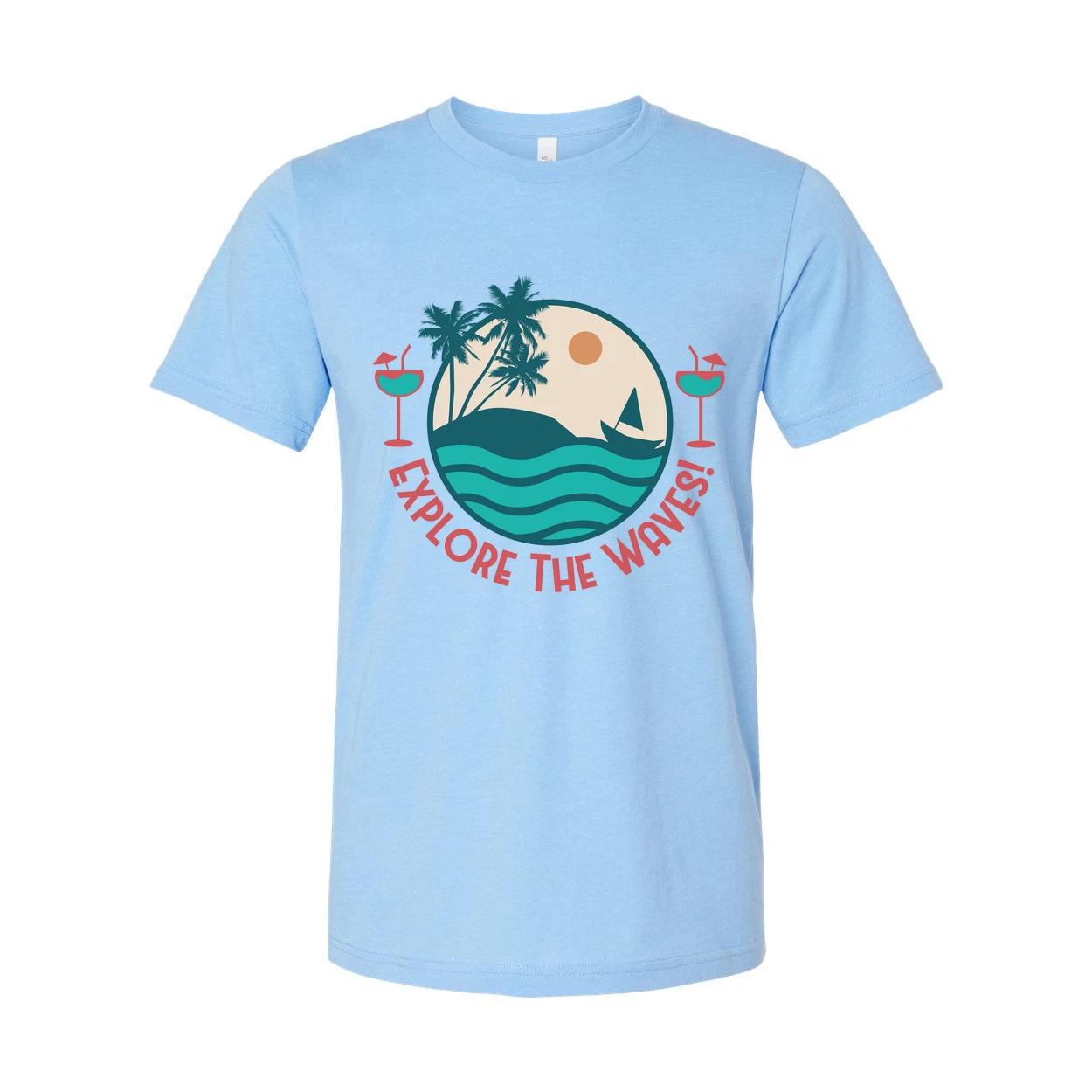 Unisex Surfing Graphic Tee With Circle Beach Scene Palm Trees Waves And Explore 4XL