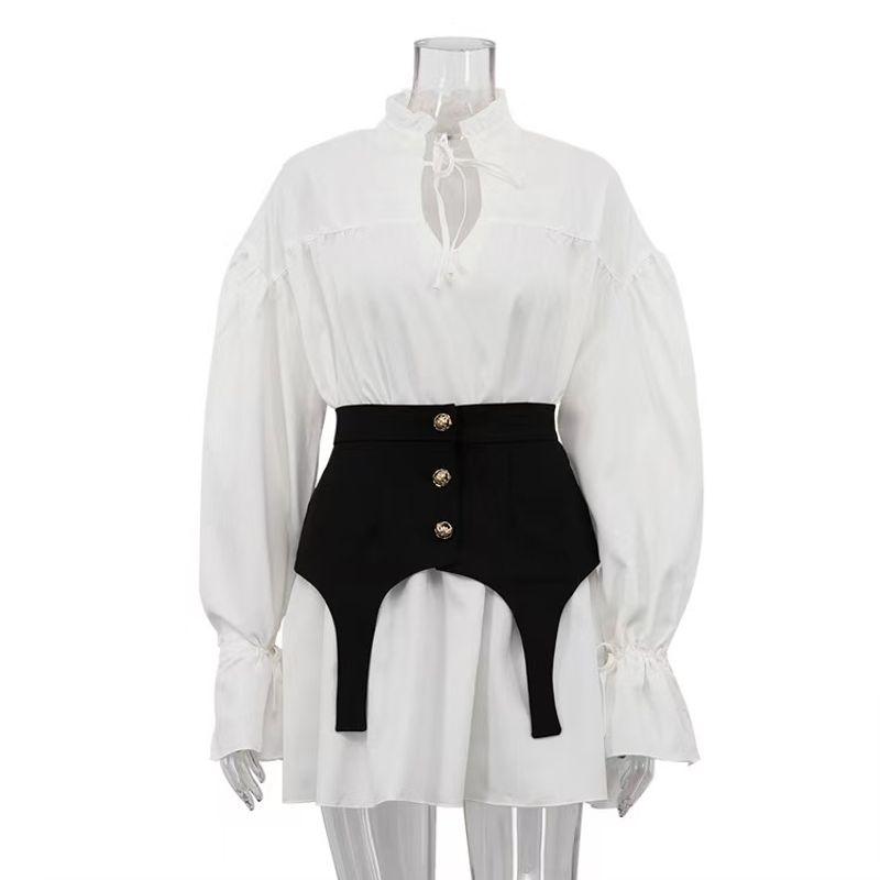 

French Fashion Bell Sleeve Ruffle Collar Shoelace with Waist Seal Dress Loose Flared Sleeve Dres White S