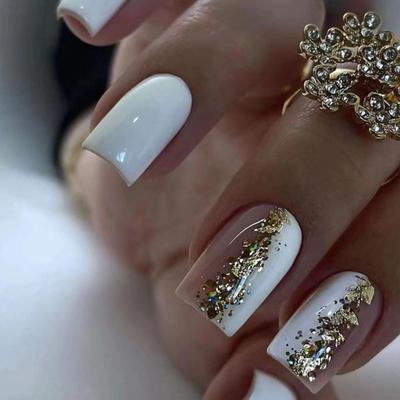 24pcs Detachable Fake Nials Gold Gitter Press On Nails Star Wavy French False Nails Short Square